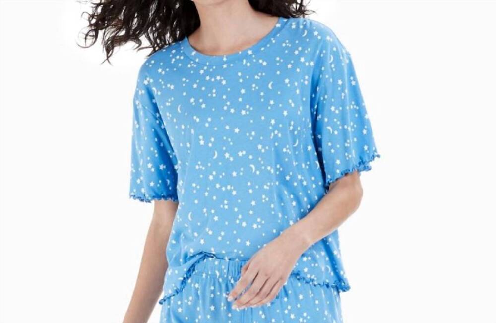 NEW JENNI BY JENNIFER MOORE lettuce-edge printed pajama top in moon and stars